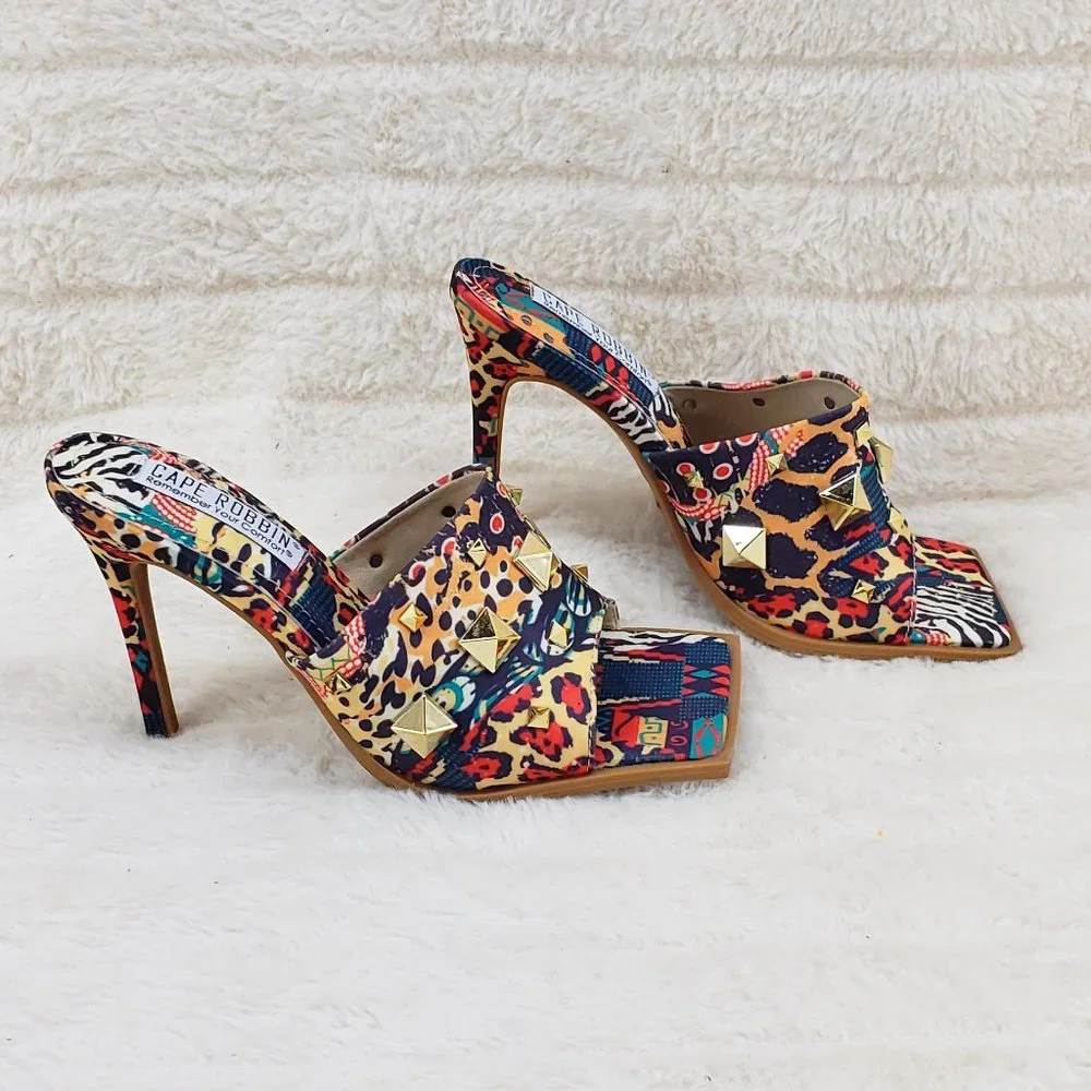 Popo Slip On Sqaure Open Toe High Heels Clogs Mules Slides  multi Color Print - Picture 5 of 9